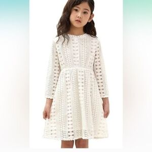 Girls' White Crochet Lace Dress - Classic Long Sleeve Kids Dress